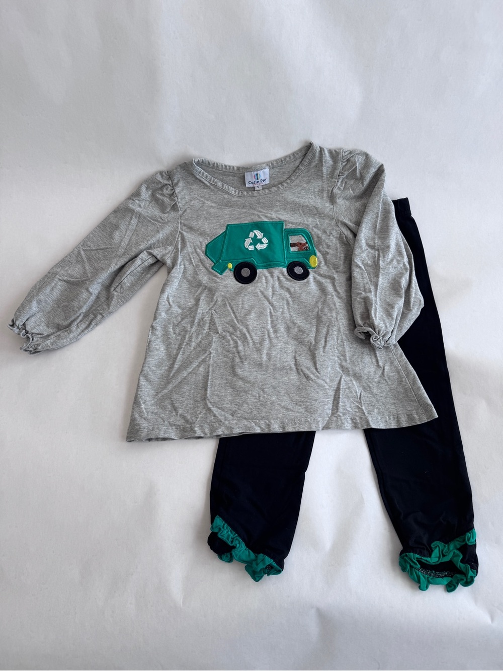 Cutie Pie Smocks Girls Matching Set with Green Recycling Truck Applique